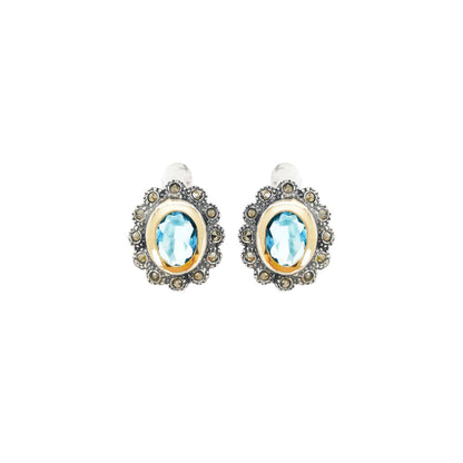 Brincos Azul Marcassites em Prata e Ouro