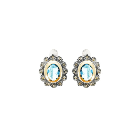 Brincos Azul Marcassites em Prata e Ouro