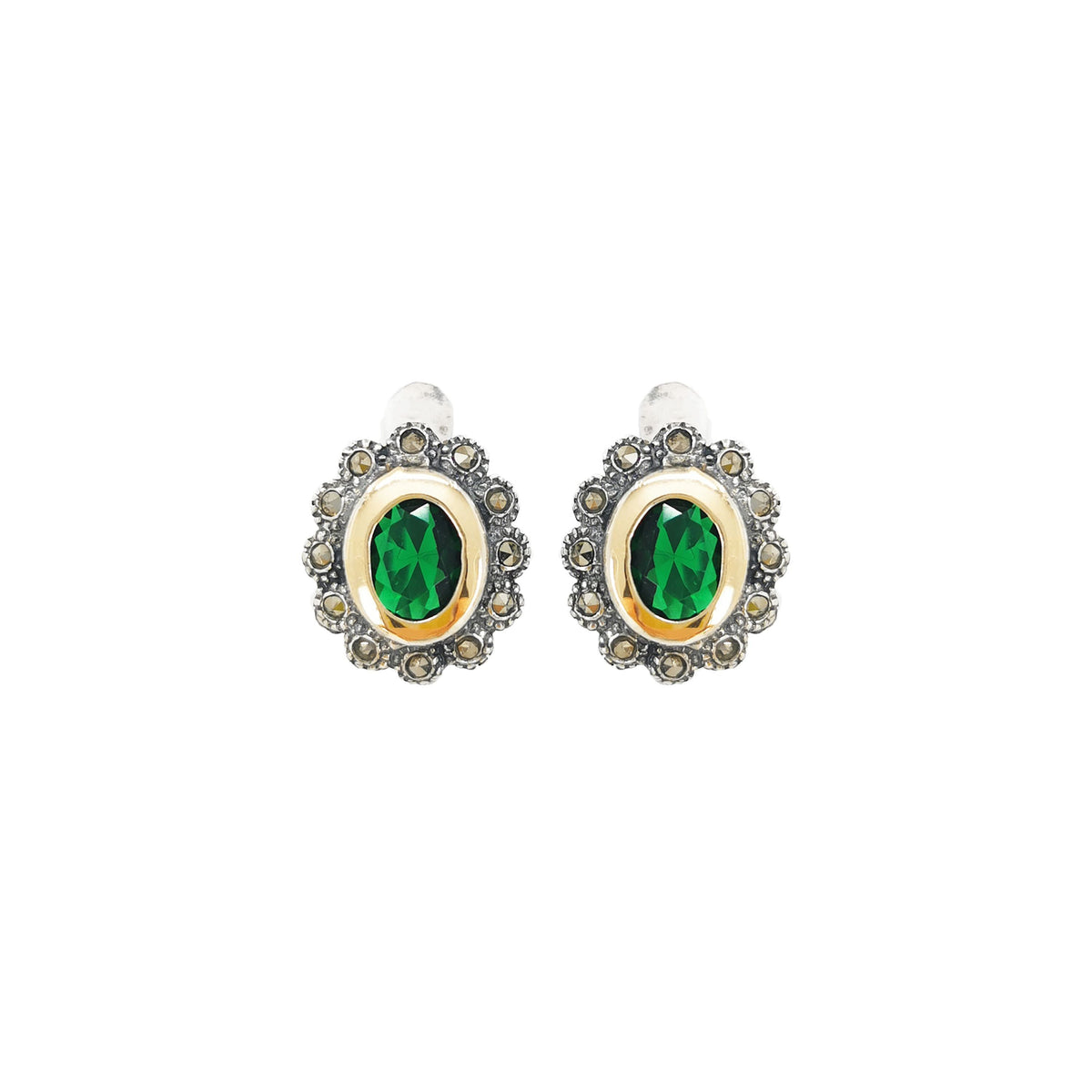 Brincos Verde Marcassites em Prata e Ouro