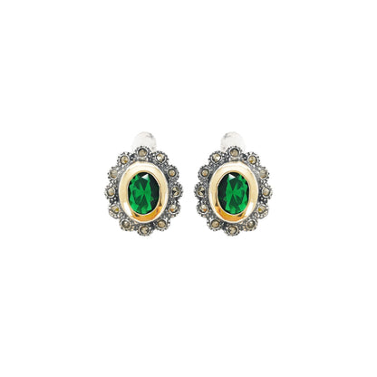 Brincos Verde Marcassites em Prata e Ouro