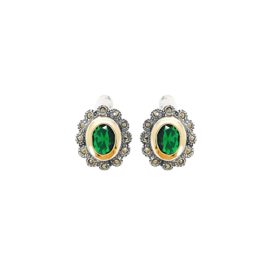 Brincos Verde Marcassites em Prata e Ouro