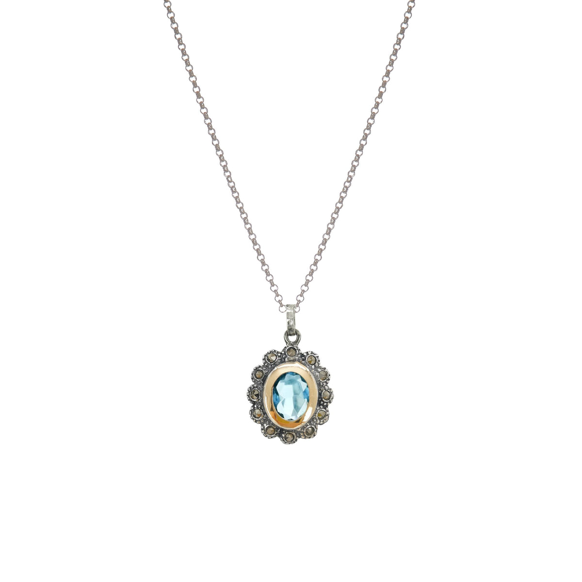Colar Azul Marcassites em Prata e Ouro
