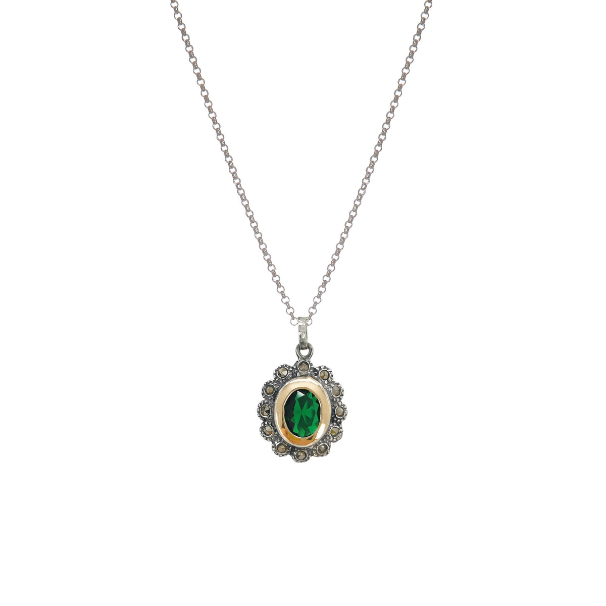 Colar Verde Marcassites em Prata e Ouro