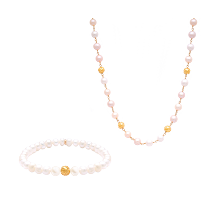 Conjunto Contas de Viana em Ouro 19,2Kt com Pérolas