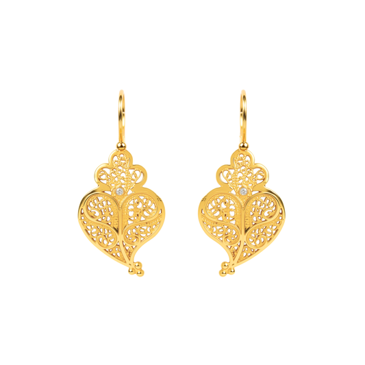 Brincos Coração Cheio em Ouro 19,2Kt com Diamante