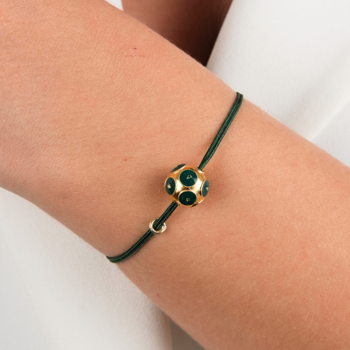 Pulseira Conta de Viana Verde em Prata Dourada com Fio