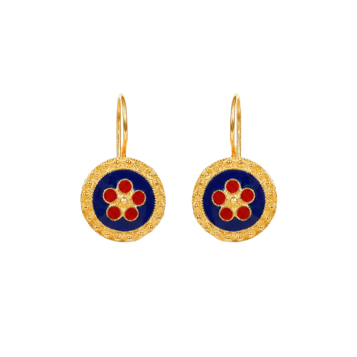 Brincos Caramujo Azul e Vermelho em Prata Dourada