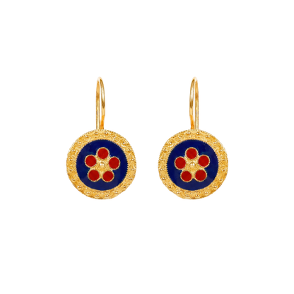Brincos Caramujo Azul e Vermelho em Prata Dourada