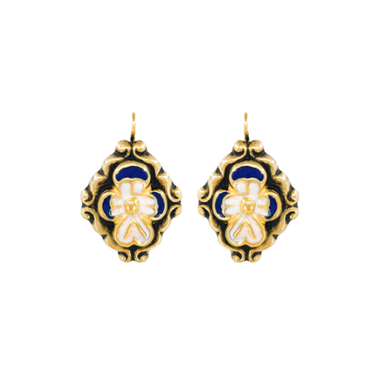 Brincos Barroco Esmalte Azul em Prata Dourada